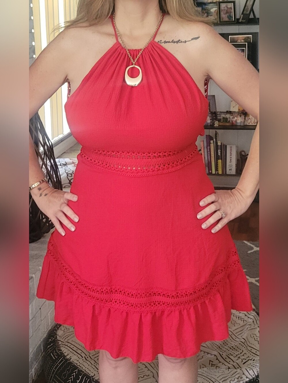 Red Halter Summer Dress with Crochet Waist